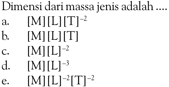 Dimensi dari massa jenis adalah ....     