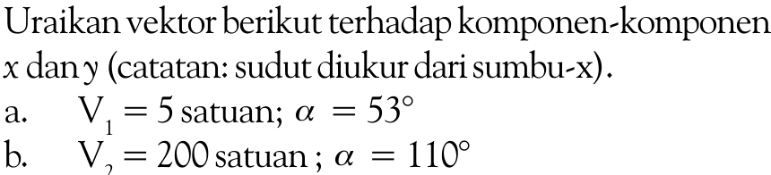 Uraikan vektor berikut terhadap komponen-komponen x dan y (catatan : sudut diukur dari sumbu-x).
a. V1 = 5 satuan; a = 53
B. V2 = 200 satuan; a = 110