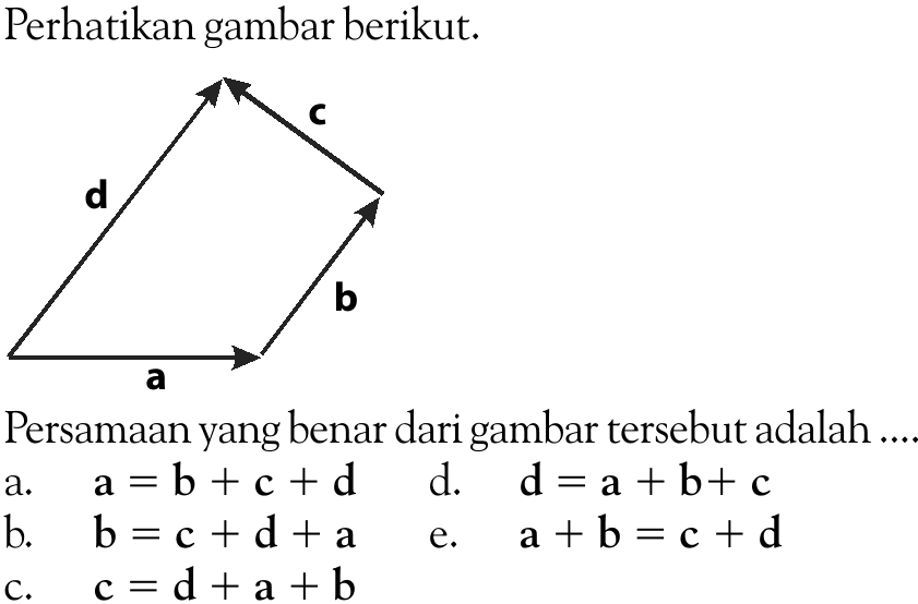 Perhatikan gambar berikut.d c b a Persamaan yang benar dari gambar tersebut adalah....a.   a=b+c+d d.   d=a+b+c b.    b=c+d+a e.   a+b=c+d c.  c=d+a+b 