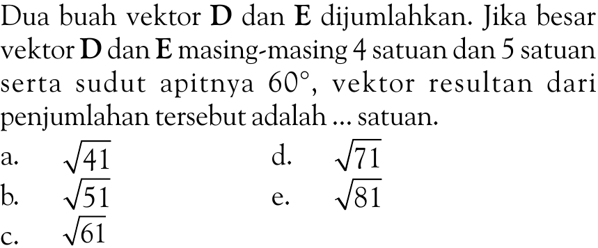 Dua buah vektor  D  dan  E  dijumlahkan. Jika besar vektor  D  dan  E  masing-masing 4 satuan dan 5 satuan serta sudut apitnya  60 , vektor resultan dari penjumlahan tersebut adalah ... satuan.