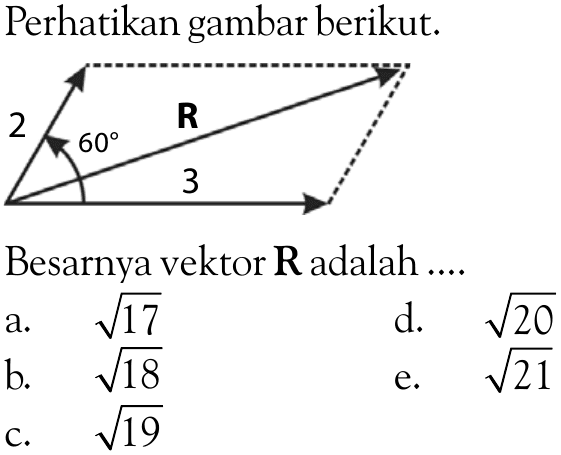 Perhatikan gambar berikut. 2 60 R 3 Besarnya vektor  R  adalah ....a.   akar(17) d.   akar(20)    b. akar(18)  e.   akar(21) c.  akar(19) 