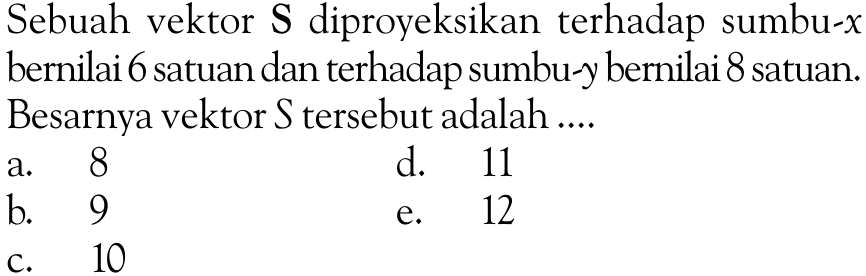 Sebuah vektor S diproyeksikan terhadap sumbu-x bernilai 6 satuan dan terhadap sumbu-y bernilai 8 satuan. Besarnya vektor  S  tersebut adalah ....