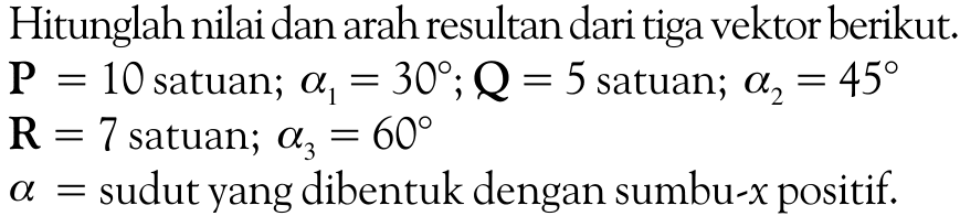 Hitunglah nilai dan arah resultan dari tiga vektor berikut. 
P = 10 satuan; a1 = 30; 
Q = 5 satuan; a2 = 45 
R = 7 satuan; a3 = 60 
a = sudut yang dibentuk dengan sumbu-x positif.