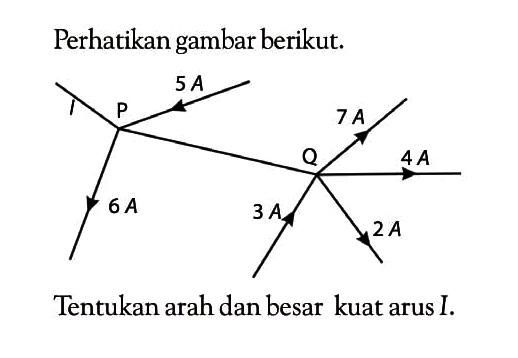 Perhatikan gambar berikut. P Q 5 A 6 A 7 A 4 A 2 A 3 ATentukan arah dan besar kuat arus I.