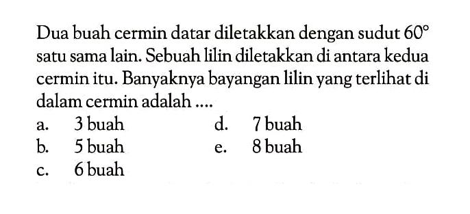 Dua buah cermin datar diletakkan dengan sudut 60 satu sama lain. Sebuah lilin diletakkan di antara kedua cermin itu. Banyaknya bayangan lilin yang terlihat di dalam cermin adalah .... 