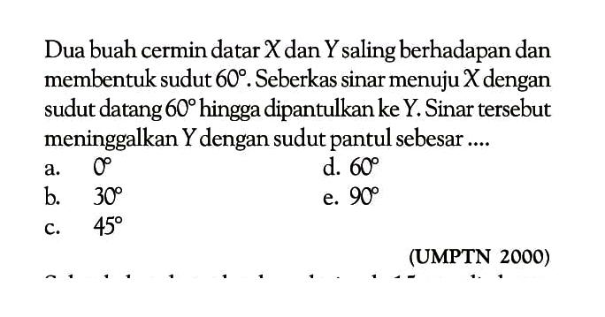 Dua buah cermin datar X dan Y saling berhadapan dan membentuk sudut 60. Seberkas sinar menuju X dengan sudut datang 60 hingga dipantulkan ke Y. Sinar tersebut meninggalkan Y dengan sudut pantul sebesar.... (UMPTN 2000) 