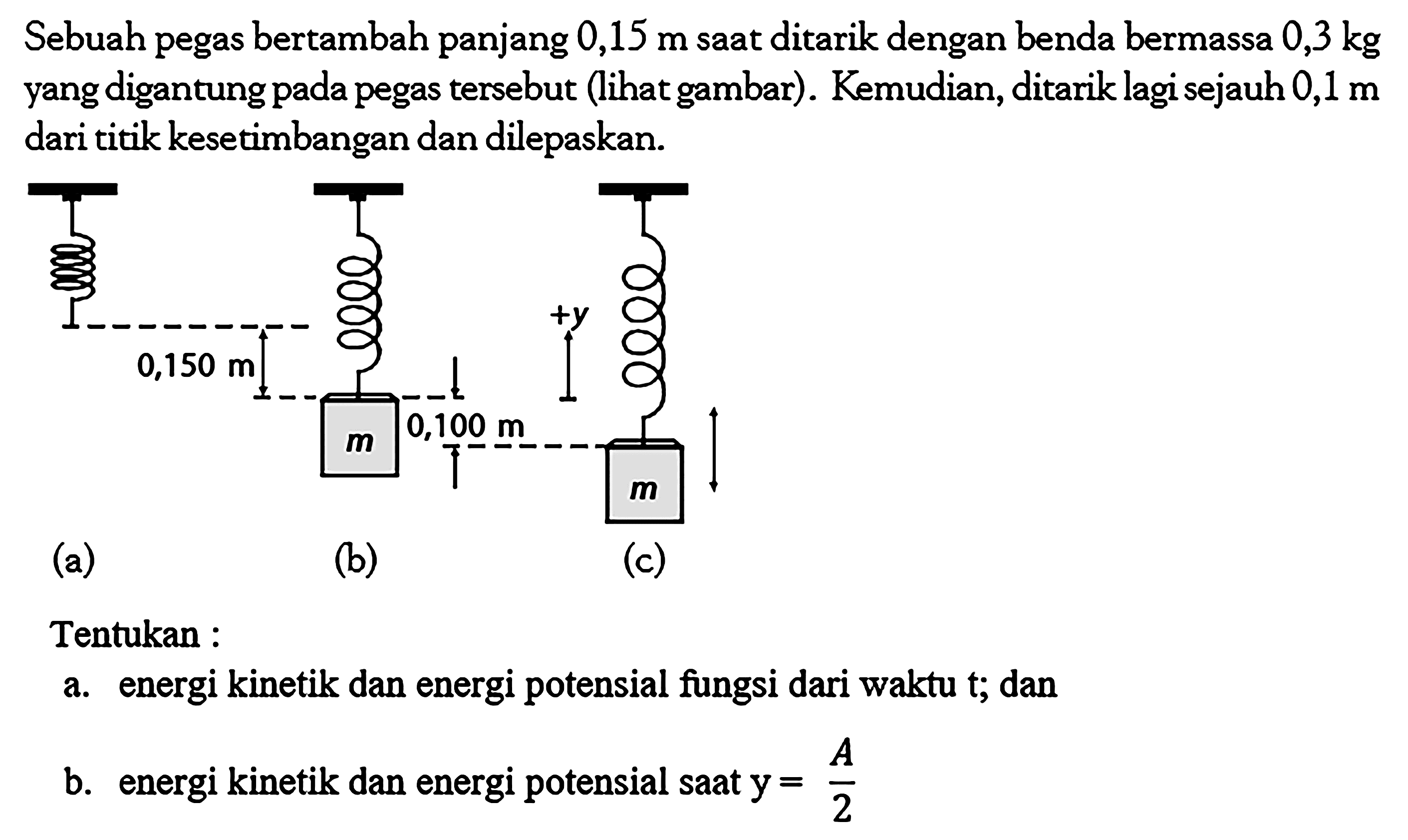 Sebuah pegas bertambah panjang 0,15 m saat ditarik dengan benda bermassa 0,3 kg yang digantung pada pegas tersebut (lihat gambar). Kemudian, ditarik lagi sejauh 0,1 m dari titik kesetimbangan dan dilepaskan. 0,150 m m 0,100 m (a) (b) (c) Tentukan : a. energi kinetik dan energi potensial fungsi dari waktu t; dan b. energi kinetik dan energi potensial saat y = A/2