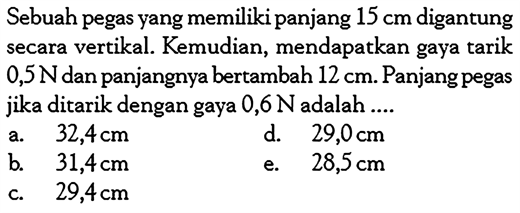 Sebuah pegas yang memilikipanjang 15 cm digantung secara vertikal. Kemudian, mendapatkan gaya tarik 0,5 N dan panjangnya bertambah 12 cm. Panjang pegas jika ditarik dengan gaya 0,6 N adalah ...