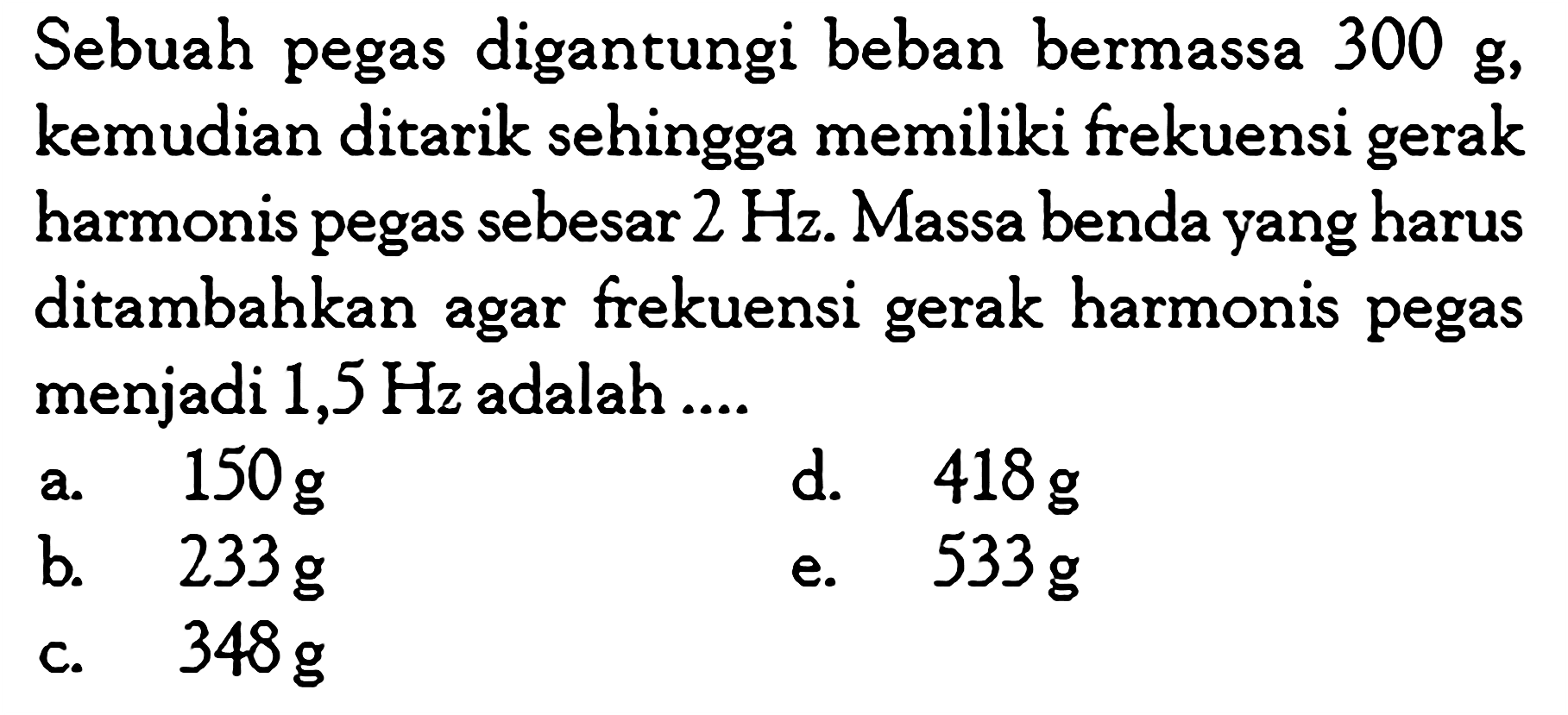 Sebuah pegas digantungi beban bermassa 300 g, kemudian ditarik sehingga memiliki frekuensi gerak harmonis pegas sebesar 2 Hz. Massa benda yang harus ditambahkan agar frekuensi gerak harmonis pegas menjadi 1,5 Hz adalah....