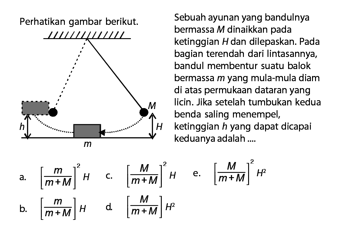 Perhatikan gambar berikut. Sebuah ayunan yang bandulnya bermassa M dinaikkan pada ketinggian H dan dilepaskan. Pada bagian terendah dari lintasannya, bandul membentur suatu balok bermassa m yang mula-mula diam di atas permukaan dataran yang licin. Jika setelah tumbukan kedua benda saling menempel, ketinggian h yang dapat dicapai keduanya adalah.... a. [m/(m+M)]^2(H) b. [m/(m+M)]H c. [M/(m+M)]^2(H) d. [M/(m+M)]H^2 e. [M/(m+M)]^2(H)^2 