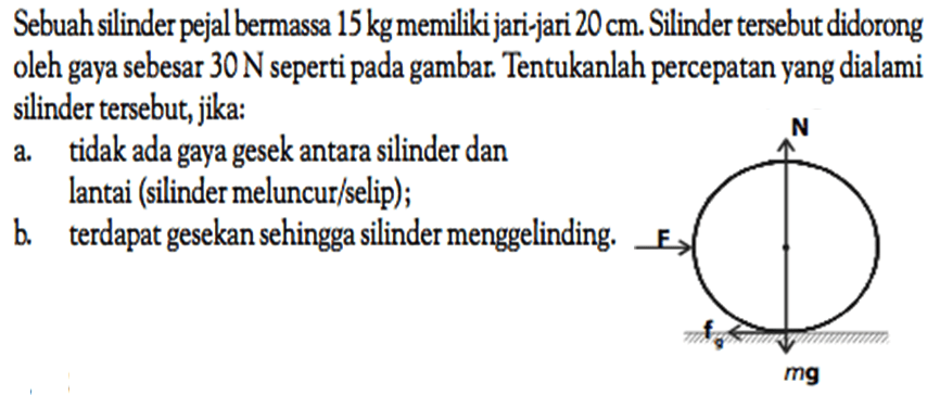 Sebuah silinder pejal bermassa 15 kg memiliki jari-jari 20 cm. Slinder tersebut didorong oleh gaya sebesar 30 N seperti pada gambar. Tentukanlah percepatan yang dialami silinder tersebut, jika: a tidak ada gaya gesek antara silinder dan lantai (silinder meluncur/selip); b terdapat gesekan sehingga silinder menggelinding F N fg mg