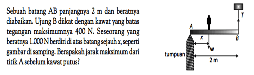 Sebuah AB panjangnya 2 m dan beratnya diabaikan. Ujung B diikat dengan kawat yang batas tegangan maksimumnya 400 N. Seseorang yang beratnya 1.000 N berdiri di atas batang sejauh x, seperti gambar di samping. Berapakah jarak maksimum dari tumpuan titik A sebelum kawat batang putus?