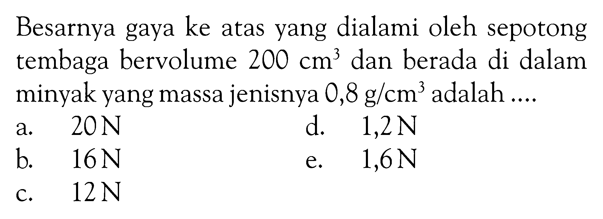 Besarnya gaya ke atas yang dialami oleh sepotong tembaga bervolume 200 cm^3 dan berada di dalam minyak yang massa jenisnya 0,8 g/cm^3 adalah ....