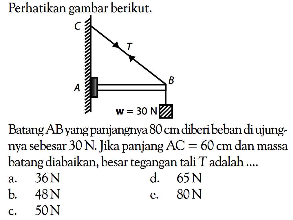 Perhatikan gambar berikut.C T A B W = 30 NBatang  AB yang panjangnya  80 cm  diberi beban di ujungnya sebesar  30 N . Jika panjang  AC = 60 cm  dan massa batang diabaikan, besar tegangan tali  T  adalah ....