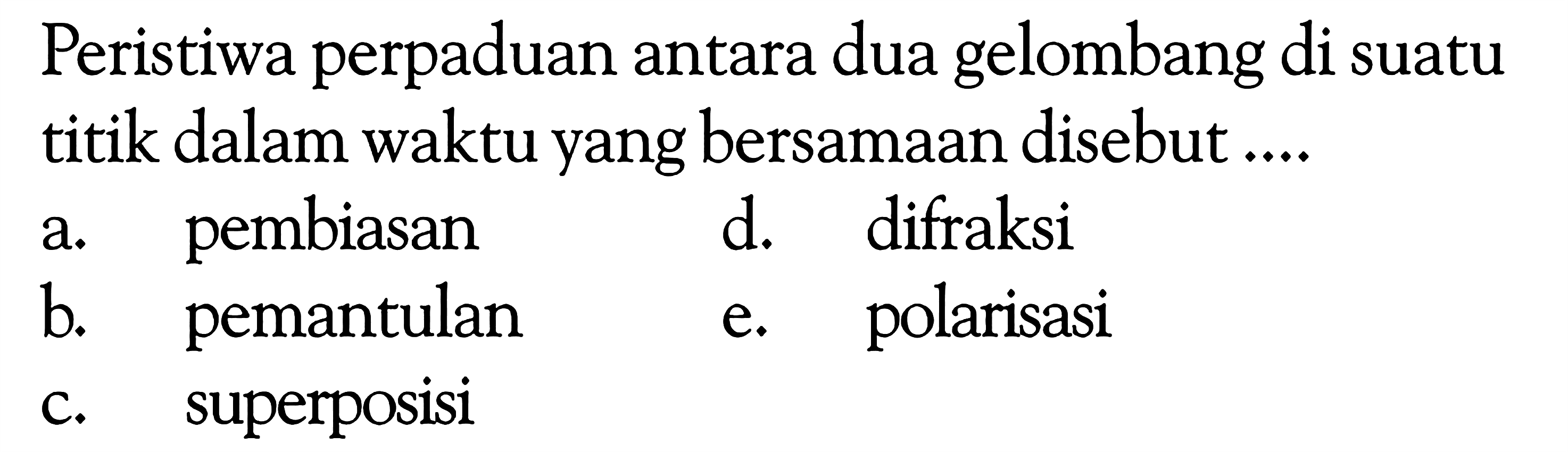 Peristiwa perpaduan antara dua gelombang di suatu titik dalam waktu yang bersamaan disebut ....