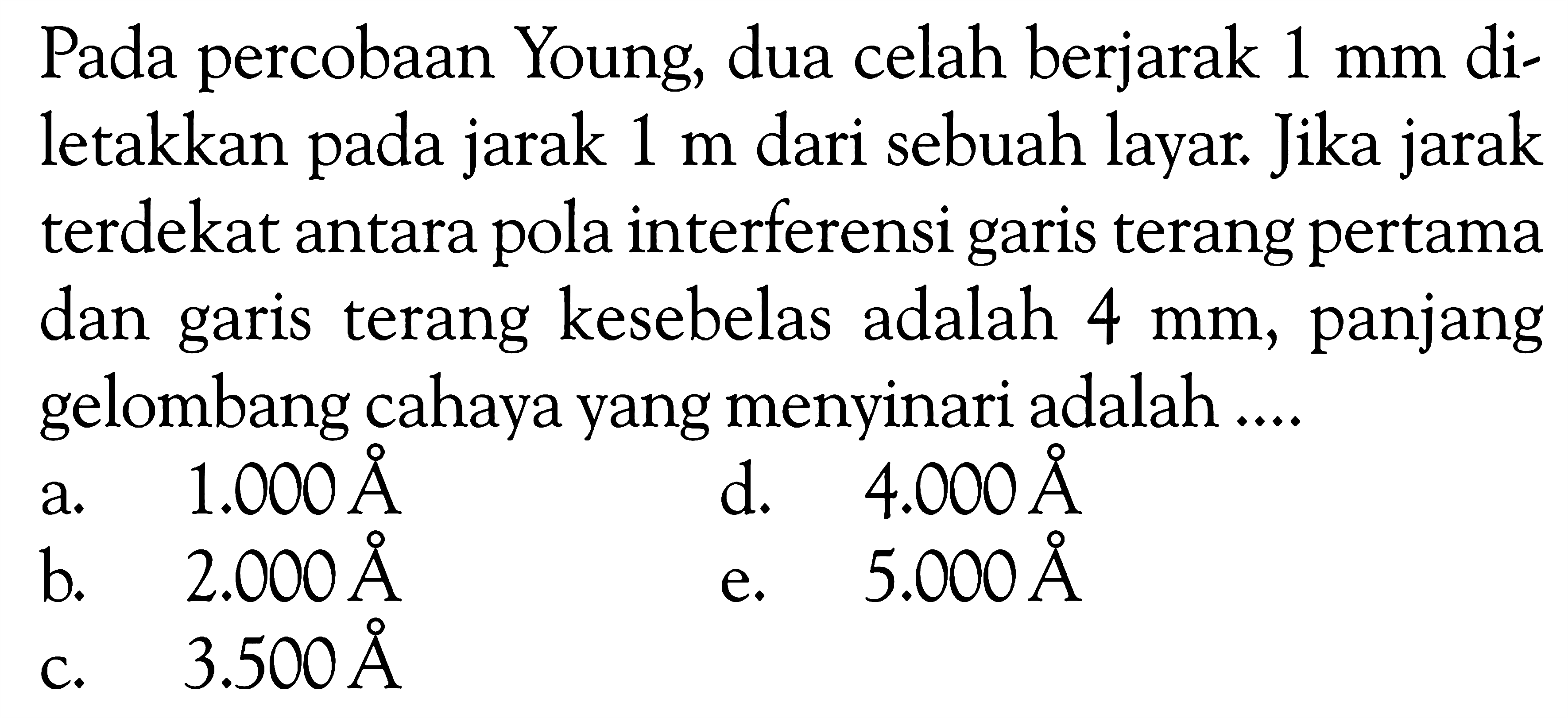 Pada percobaan Young, dua celah berjarak 1 mm diletakkan pada jarak 1 m dari sebuah layar. Jika jarak terdekat antara pola interferensi garis terang pertama dan garis terang kesebelas adalah 4 mm, panjang gelombang cahaya yang menyinari adalah ....