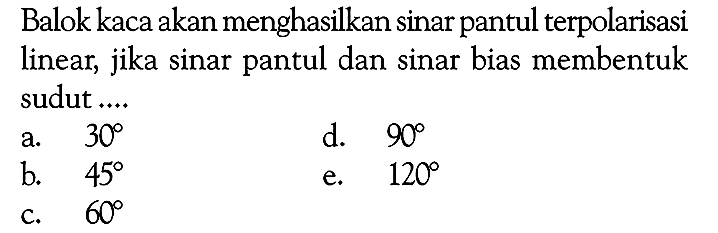 Balok kaca akan menghasilkan sinar pantul terpolarisasi linear, jika sinar pantul dan sinar bias membentuk sudut ....