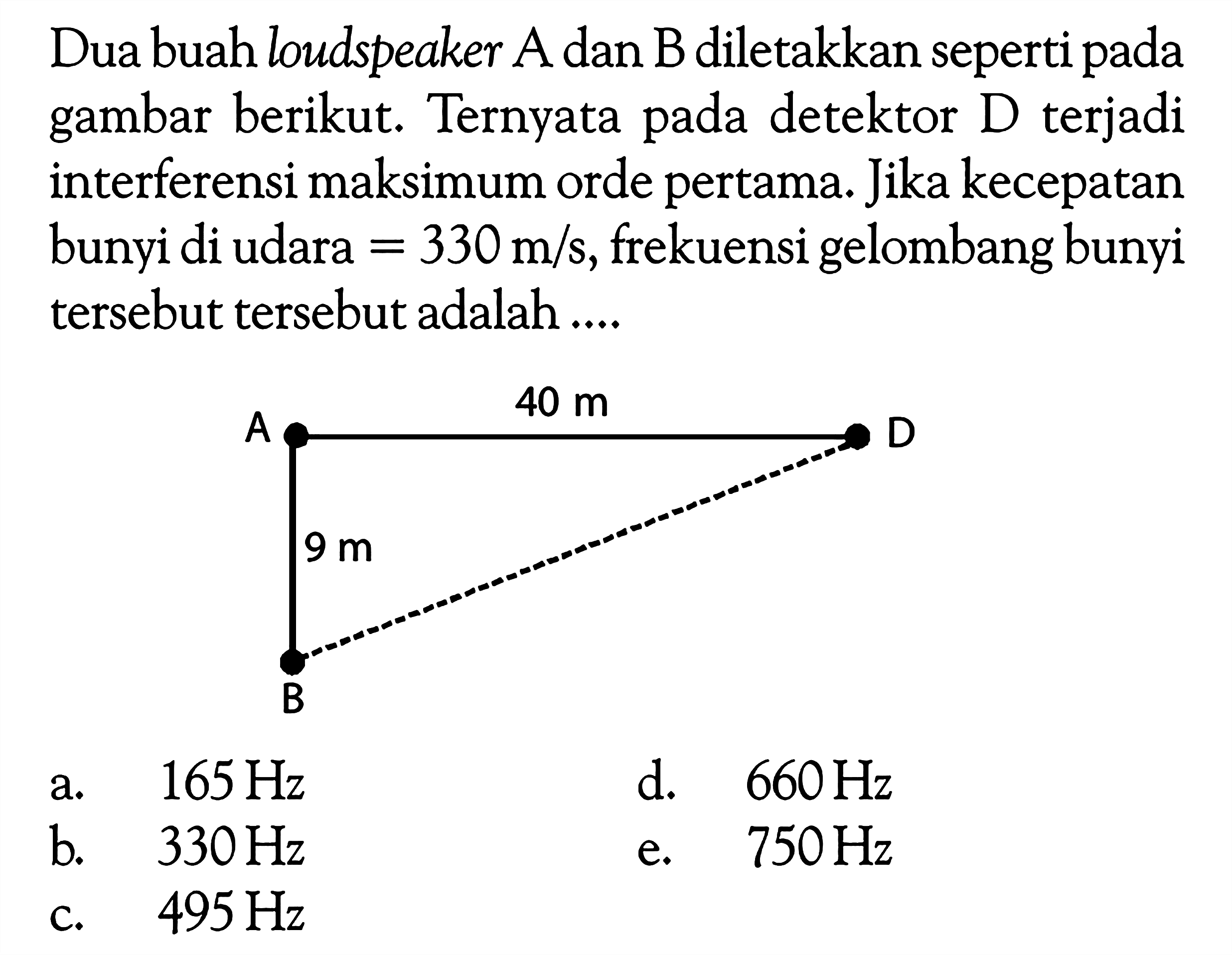 Dua buah loudspeaker A dan B diletakkan seperti pada gambar berikut. Ternyata pada detektor D terjadi interferensi maksimum orde pertama. Jika kecepatan bunyi di udara =330 m/s, frekuensi gelombang bunyi tersebut tersebut adalah...