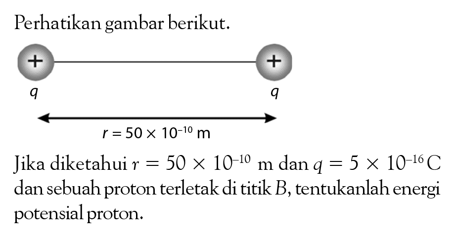 Perhatikan gambar berikut. r = 50X 10^-10 m. Jika diketahui r= 50 X 10^-10 m dan q = 5 x 10^-16 dan sebuah proton terletak di titik B, tentukanlah energi potensial proton.