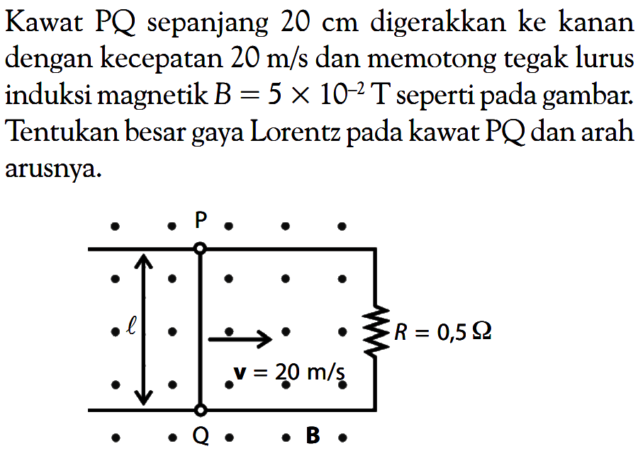 Kawat PQ sepanjang  20 cm  digerakkan ke kanan dengan kecepatan  20 m/s  dan memotong tegak lurus induksi magnetik  B=5 x 10^(-2) T seperti pada gambar. Tentukan besar gaya Lorentz pada kawat PQ dan arah arusnya.P l v = 20 m/s R = 0,5 Ohm Q B