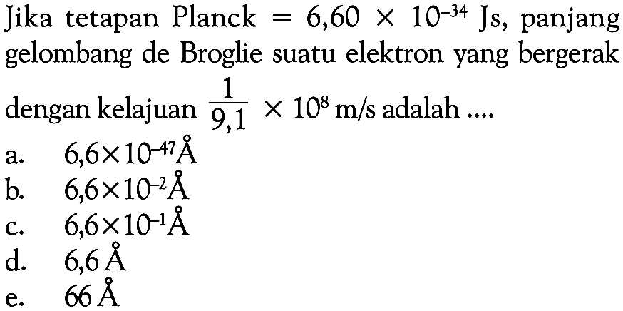 Jika tetapan Planck =6,60 x 10^(-34) Js, panjang gelombang de Broglie suatu elektron yang bergerak dengan kelajuan 1/9,1 x 10^8 m/s adalah ....