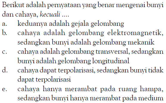 Berikut adalah pernyataan yang benar mengenai bunyi dan cahaya, kecuali .... 