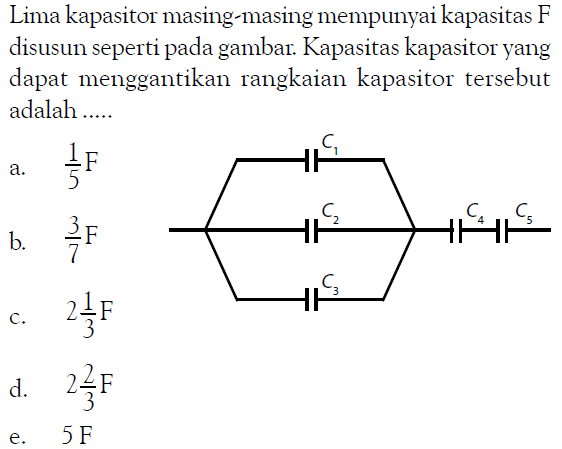 Lima kapasitor masing-masing mempunyai kapasitas F disusun seperti pada gambar. Kapasitas kapasitor yang dapat menggantikan rangkaian kapasitor tersebut adalah