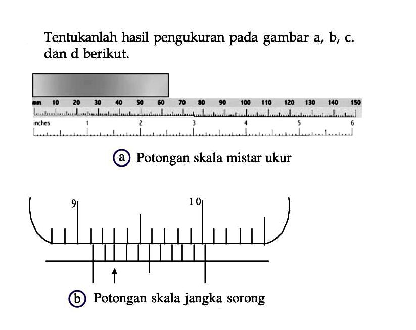 Tentukanlah hasil pengukuran pada gambar a, b, c dan d berikut: