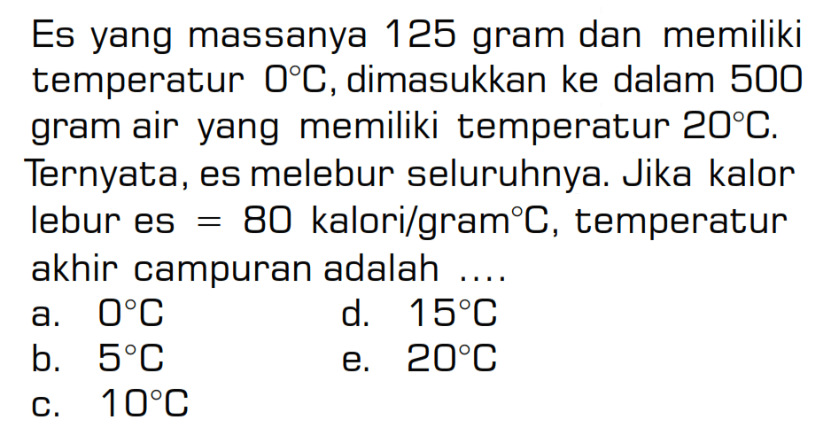 Es yang massanya 125 gram dan memiliki temperatur 0 C, dimasukkan ke dalam 500 gram air yang memiliki temperatur 20 C. Ternyata, es melebur seluruhnya. Jika kalor lebur es=80  kalori/gramº, temperatur akhir campuran adalah