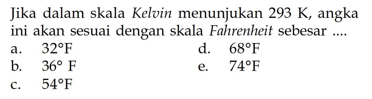 Jika dalam skala Kelvin menunjukan 293 K, angka ini akan sesuai dengan skala Fahrenheit sebesar....