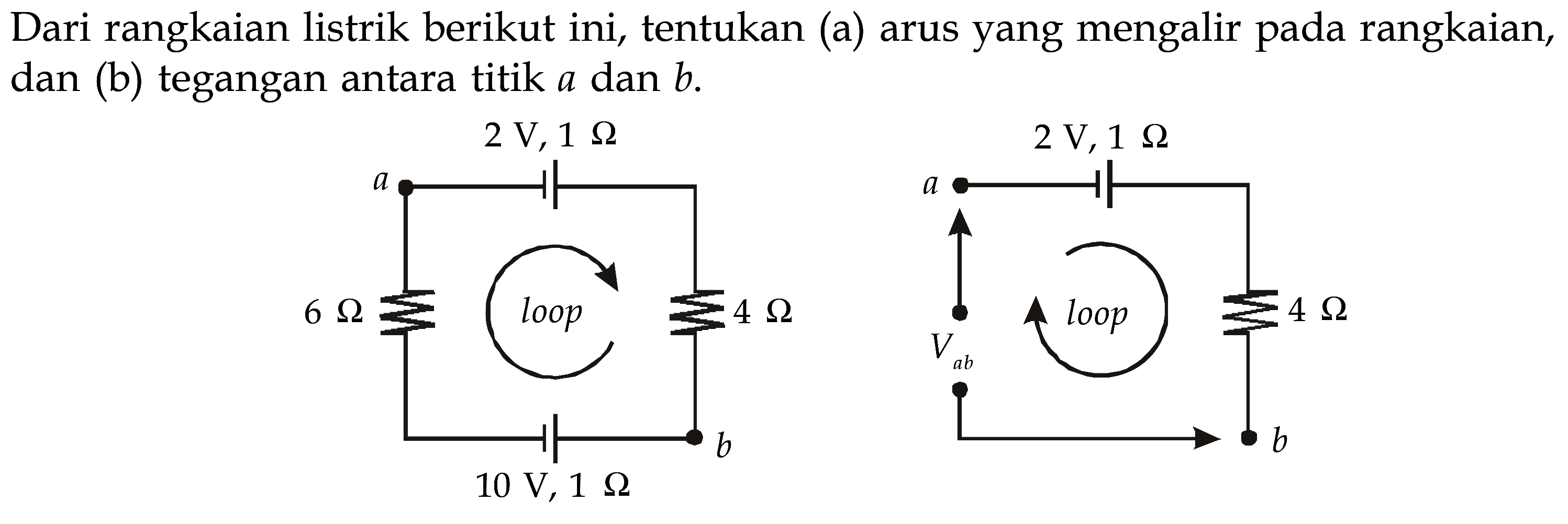 Dari rangkaian listrik berikut ini, tentukan (a) arus yang mengalir pada rangkaian, dan (b) tegangan antara titik a dan b. 2 V 1 Ohm 2 V 1 Ohm a a 6 Ohm loop 4 Ohm Vab loop 4 Ohm b b 10 V, 1 Ohm 