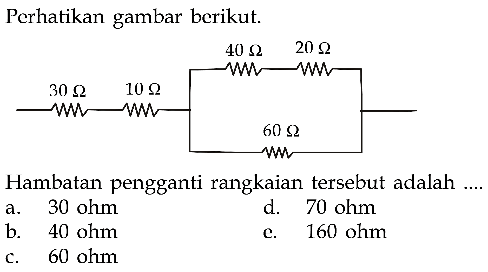 Perhatikan gambar berikut. 30 Ohm 10 Ohm 40 Ohm 20 Ohm 60 Ohm Hambatan pengganti rangkaian tersebut adalah ....