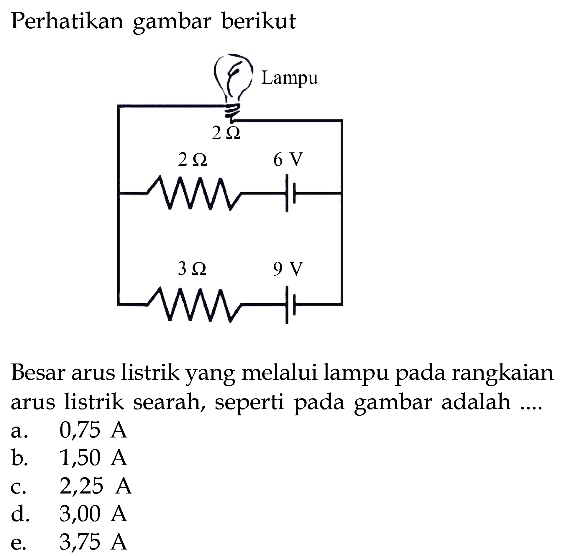 Perhatikan gambar berikutLampu 2 Ohm 2 Ohm 6 V 3 Ohm 9 VBesar arus listrik yang melalui lampu pada rangkaian arus listrik searah, seperti pada gambar adalah ....