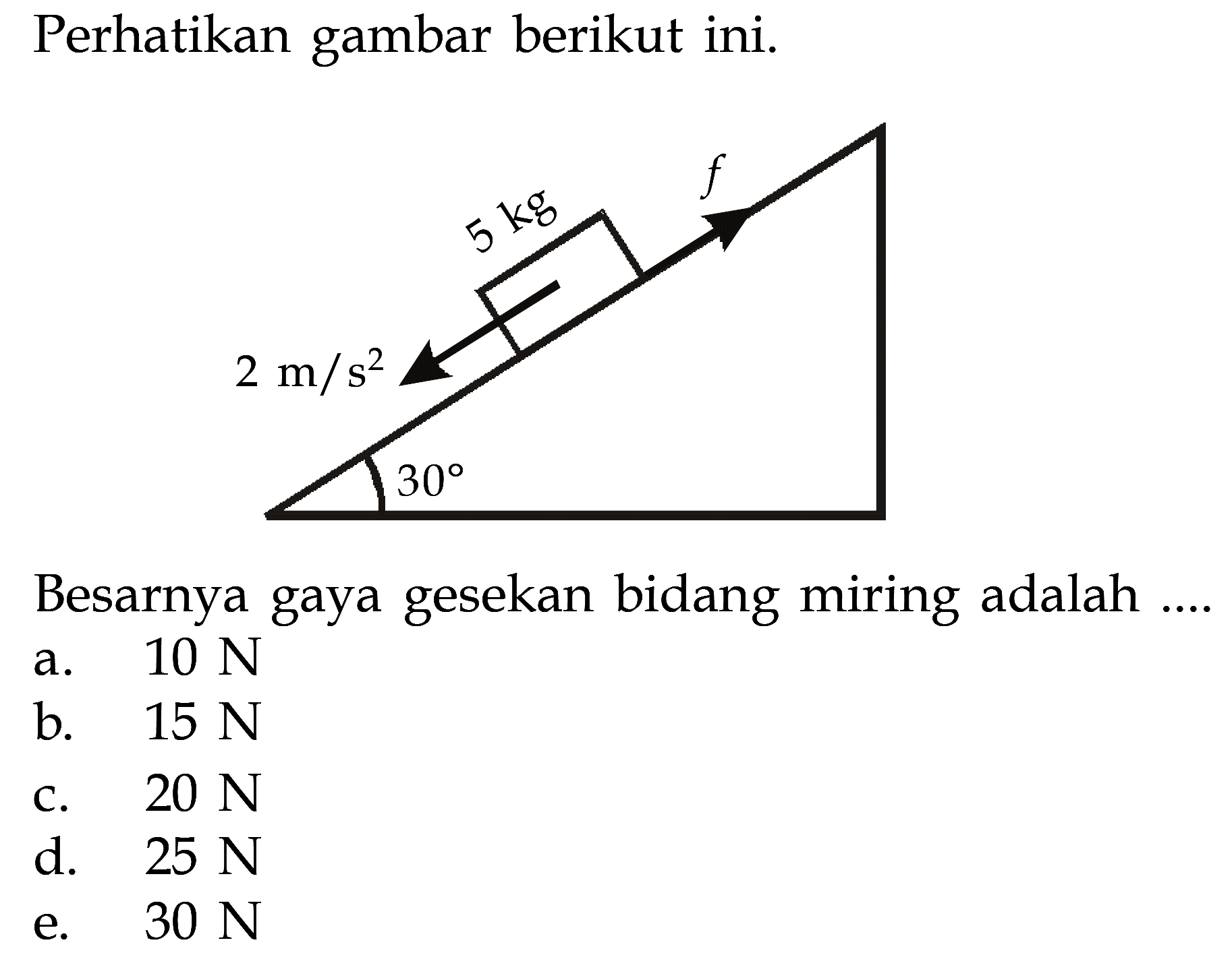 Perhatikan gambar berikut ini. 5 kg 2 m/s^2 30Besarnya gaya gesekan bidang miring adalah ....a. 10 N b. 15 N c. 20 N d. 25 N e. 30 N 