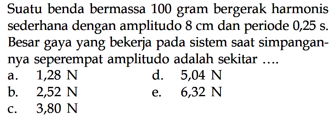 Suatu benda bermassa 100 gram bergerak harmonis sederhana dengan amplitudo 8 cm dan periode 0,25 s. Besar gaya yang bekerja pada sistem saat simpangannya seperempat amplitudo adalah sekitar ....
