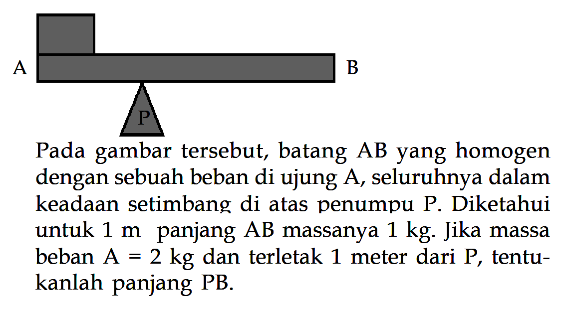 Pada gambar tersebut, batang AB yang homogen dengan sebuah beban di ujung A, seluruhnya dalam keadaan setimbang di atas penumpu P. Diketahui untuk 1 m panjang AB massanya 1 kg. Jika massa beban A=2 kg dan terletak 1 meter dari P, tentukanlah panjang PB.