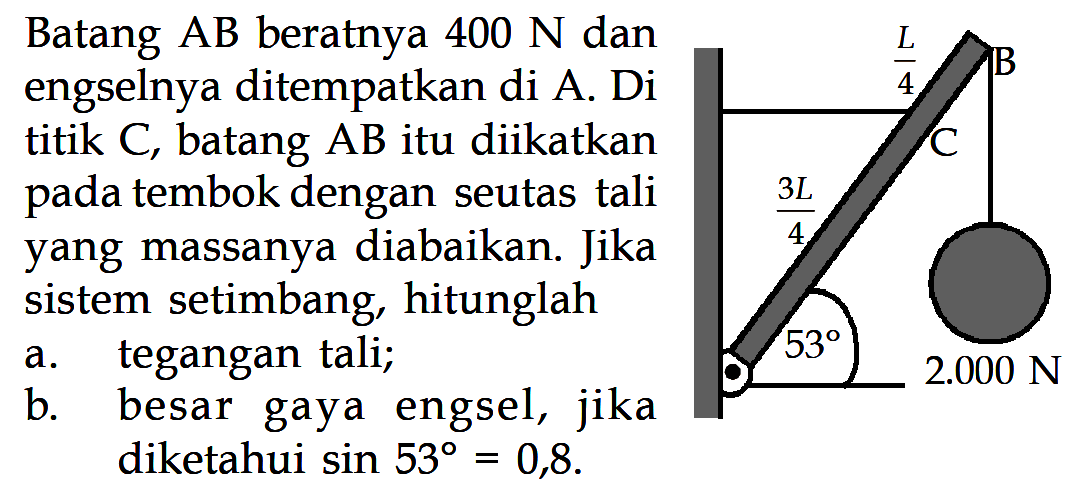 Batang AB beratnya 400 N dan engselnya ditempatkan di A. Di titik C, batang AB itu diikatkan pada tembok dengan seutas tali yang massanya diabaikan. Jika sistem setimbang, hitunglah a. tegangan tali; b. besar gaya engsel, jika diketahui sin 53 = 0,8. L/4 B C 3L/4 53 2.000 N 