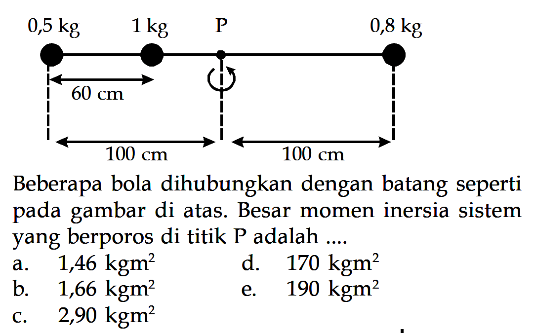 0,5 kg 1 kg P 0,8 kg 60 cm 100 cm 100 cm Beberapa bola dihubungkan dengan batang seperti pada gambar di atas. Besar momen inersia sistem yang berporos di titik P adalah ....