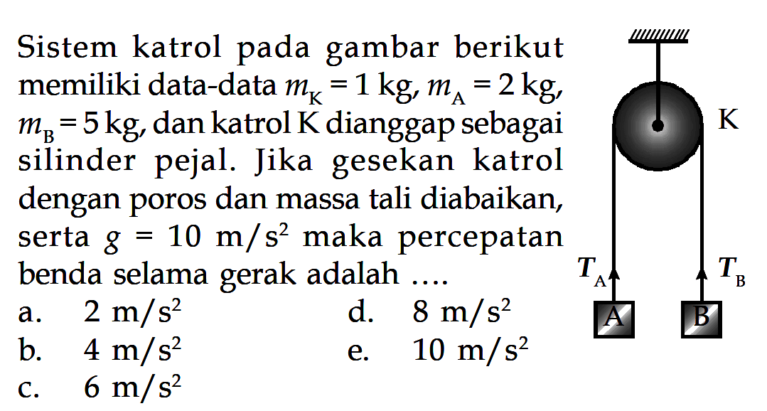 Sistem katrol pada gambar berikut memiliki data-data  mK=1 kg, mA=2 kg, mB=5 kg , dan katrol  K  dianggap sebagai silinder pejal. Jika gesekan katrol dengan poros dan massa tali diabaikan, serta  g=10 m/s^2  maka percepatan benda selama gerak adalah .... 
