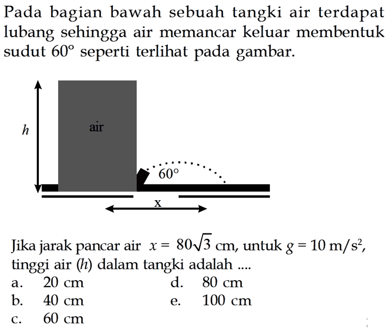 Pada bagian bawah sebuah tangki air terdapat lubang sehingga air memancar keluar membentuk sudut  60 seperti terlihat pada gambar.h air 60 x Jika jarak pancar air  x=80 akar(3) cm , untuk g=10 m/s^2 , tinggi air (h)  dalam tangki adalah .... 