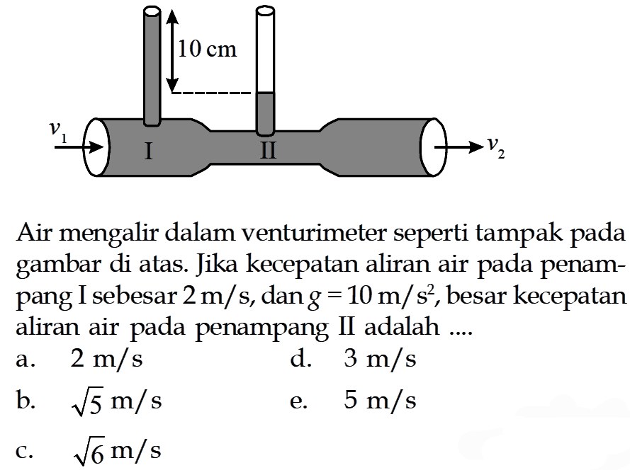 10 cm v1 v2 Air mengalir dalam venturimeter seperti tampak pada gambar di atas. Jika kecepatan aliran air pada penampang I sebesar 2 m/s, dan g=10 m/s^2, besar kecepatan aliran air pada penampang II adalah .... 