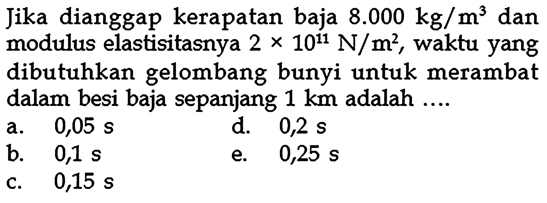 Jika dianggap kerapatan baja  8.000 kg/m^3  dan modulus elastisitasnya  2 x 10^11 N/m^2 , waktu yang dibutuhkan gelombang bunyi untuk merambat dalam besi baja sepanjang  1 km  adalah ....