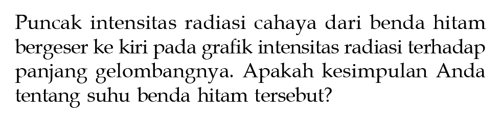 Puncak intensitas radiasi cahaya dari benda hitam bergeser ke kiri pada grafik intensitas radiasi terhadap panjang gelombangnya. Apakah kesimpulan Anda tentang suhu benda hitam tersebut?