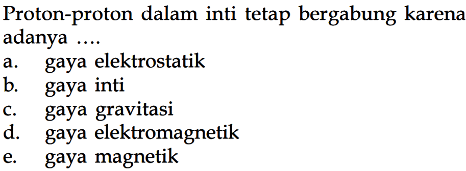 Proton-proton dalam inti tetap bergabung karena adanya ....