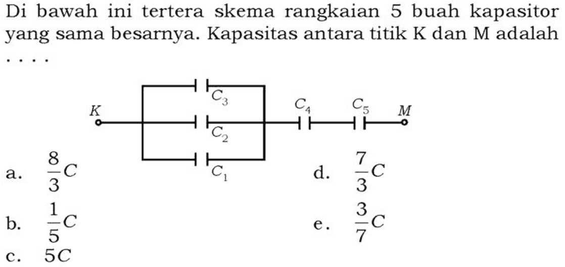 Di bawah ini tertera skema rangkaian 5 buah kapasitor yang sama besarnya. Kapasitas antara titik K dan M adalah ... C3 K C2 C4 C5 M C1 