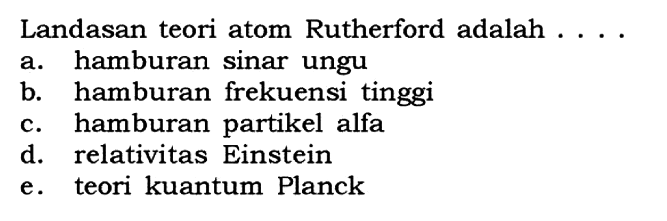 Landasan teori atom Rutherford adalah ...
