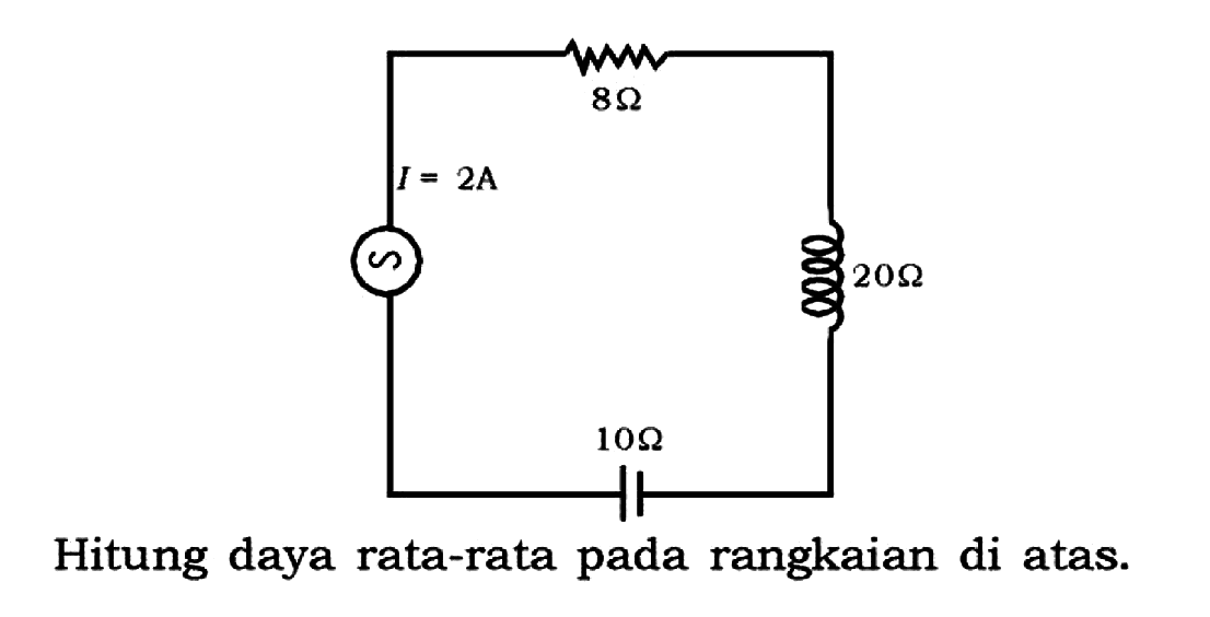 Hitung daya rata-rata pada rangkaian di atas. I = 2A 8 ohm 10 ohm 20 ohm ~