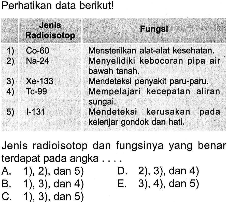 Perhatikan data berikut! 
Jenis Radioisotop Fungsi 
1) Co-60 Mensterilkan alat-alat kesehatan
2) Na-24 Menyelidiki kebocoran pipa air bawah tanah
3) Xe-133 Mendeteksi penyakit paru-paru
4) Tc-99 Mempelajari kecepatan aliran sungai
5) I-131 Mendeteksi kerusakan pada kelenjar gondok dan hati 
Jenis radioisotop dan fungsinya yang benar terdapat pada angka ....
