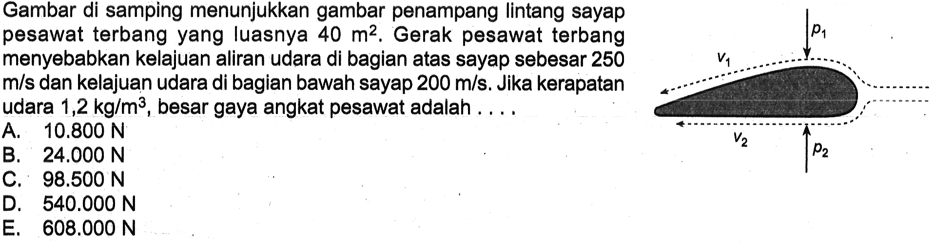 Gambar di samping menunjukkan gambar penampang lintang sayap pesawat terbang yang luasnya 40 m^2. Gerak pesawat terbang menyebabkan kelajuan aliran udara di bagian alas sayap sebesar 250 m/s dan kelajuan udara di bagian bawah sayap 230 m/s. Jika kerapatan udara 1,2 kg/m^3, besar gaya angkat pesawat adalah.... v1 rho 1 v2 rho 2