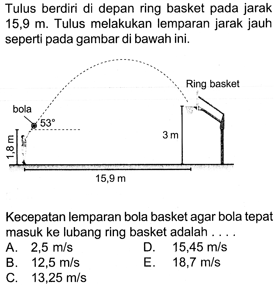 Tulus berdiri di depan ring basket pada jarak 15,9 m. Tulus melakukan lemparan jarak jauh seperti pada gambar di bawah ini. bola 1,8 m 53 3 m Ring basket 15,9 m Kecepatan lemparan bola basket agar bola tepat masuk ke lubang ring basket adalah .... 